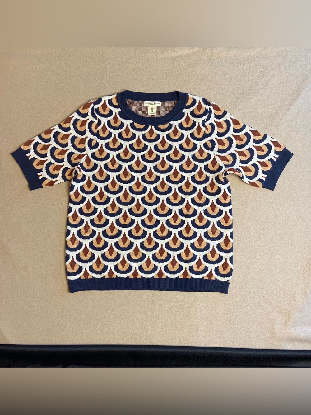 Christian Siriano Navy, White & Brown Geometric Scallop Crewneck Sweater - Med